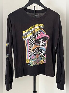 🍄 Rebellious 'One Happy Mind Happy Life' Mushroom Graphic Tee | Large
